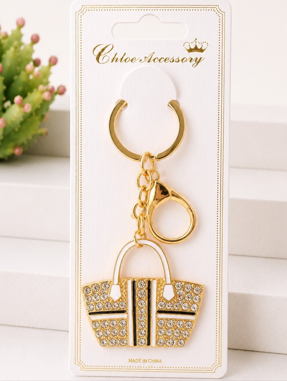 Women's Rhinestone Handbag Keychain Bag Charm Gold Tone Black Purse Accessories